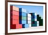 Cargo Shipping Containers Stacked at Harbor Freight Terminal under Clear Blue Sky-Sascha Burkard-Framed Photographic Print