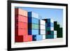 Cargo Shipping Containers Stacked at Harbor Freight Terminal under Clear Blue Sky-Sascha Burkard-Framed Photographic Print