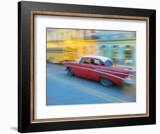 Caribbean, Cuba, Havana, Havana Vieja, UNESCO World Heritage Site, classic car in motion-Merrill Images-Framed Photographic Print