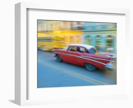 Caribbean, Cuba, Havana, Havana Vieja, UNESCO World Heritage Site, classic car in motion-Merrill Images-Framed Photographic Print