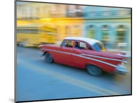 Caribbean, Cuba, Havana, Havana Vieja, UNESCO World Heritage Site, classic car in motion-Merrill Images-Mounted Photographic Print