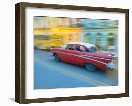 Caribbean, Cuba, Havana, Havana Vieja, UNESCO World Heritage Site, classic car in motion-Merrill Images-Framed Photographic Print