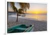 Caribbean, Grenada, Grenadines. Sunset and wooden fishing boat on Grand Anse Beach.-Jaynes Gallery-Framed Photographic Print