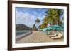 Caribbean, Grenada, Mayreau Island. Beach umbrellas and lounge chairs.-Jaynes Gallery-Framed Photographic Print