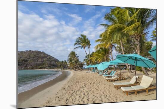 Caribbean, Grenada, Mayreau Island. Beach umbrellas and lounge chairs.-Jaynes Gallery-Mounted Photographic Print