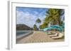 Caribbean, Grenada, Mayreau Island. Beach umbrellas and lounge chairs.-Jaynes Gallery-Framed Photographic Print