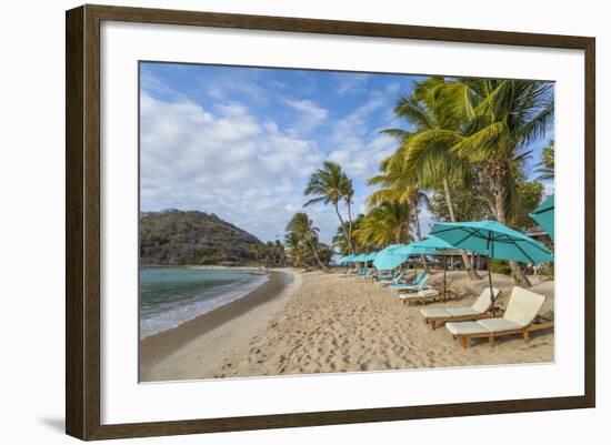 Caribbean, Grenada, Mayreau Island. Beach umbrellas and lounge chairs.-Jaynes Gallery-Framed Photographic Print