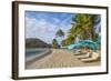 Caribbean, Grenada, Mayreau Island. Beach umbrellas and lounge chairs.-Jaynes Gallery-Framed Photographic Print