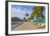 Caribbean, Grenada, Mayreau Island. Beach umbrellas and lounge chairs.-Jaynes Gallery-Framed Photographic Print