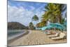 Caribbean, Grenada, Mayreau Island. Beach umbrellas and lounge chairs.-Jaynes Gallery-Mounted Photographic Print