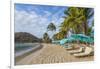 Caribbean, Grenada, Mayreau Island. Beach umbrellas and lounge chairs.-Jaynes Gallery-Framed Photographic Print