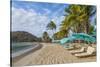 Caribbean, Grenada, Mayreau Island. Beach umbrellas and lounge chairs.-Jaynes Gallery-Stretched Canvas