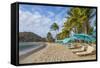 Caribbean, Grenada, Mayreau Island. Beach umbrellas and lounge chairs.-Jaynes Gallery-Framed Stretched Canvas