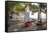 Caribbean, Grenada, Mayreau Island. Sailboats on beach.-Jaynes Gallery-Framed Stretched Canvas