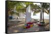 Caribbean, Grenada, Mayreau Island. Sailboats on beach.-Jaynes Gallery-Framed Stretched Canvas