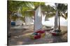 Caribbean, Grenada, Mayreau Island. Sailboats on beach.-Jaynes Gallery-Stretched Canvas