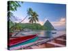 Caribbean, St Lucia, Soufriere Bay, Soufriere Beach and Petit Piton, Traditional Fishing Boats-Alan Copson-Stretched Canvas