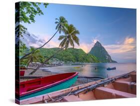 Caribbean, St Lucia, Soufriere Bay, Soufriere Beach and Petit Piton, Traditional Fishing Boats-Alan Copson-Stretched Canvas