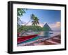 Caribbean, St Lucia, Soufriere Bay, Soufriere Beach and Petit Piton, Traditional Fishing Boats-Alan Copson-Framed Photographic Print