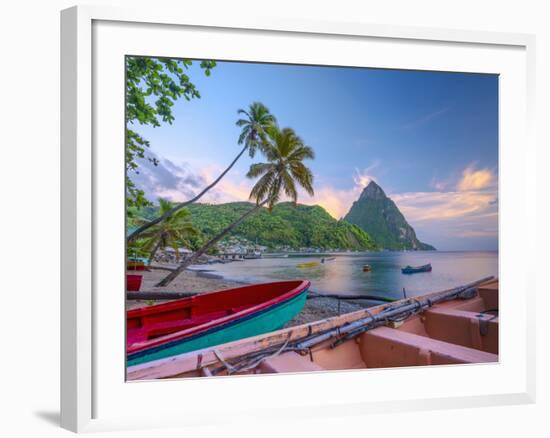 Caribbean, St Lucia, Soufriere Bay, Soufriere Beach and Petit Piton, Traditional Fishing Boats-Alan Copson-Framed Photographic Print