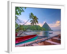 Caribbean, St Lucia, Soufriere Bay, Soufriere Beach and Petit Piton, Traditional Fishing Boats-Alan Copson-Framed Photographic Print