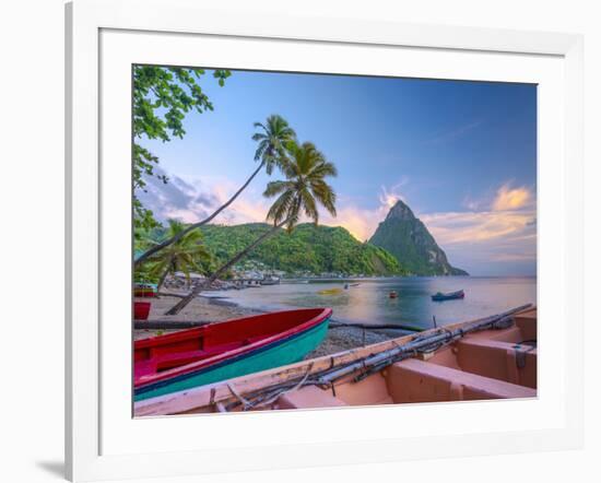 Caribbean, St Lucia, Soufriere Bay, Soufriere Beach and Petit Piton, Traditional Fishing Boats-Alan Copson-Framed Photographic Print