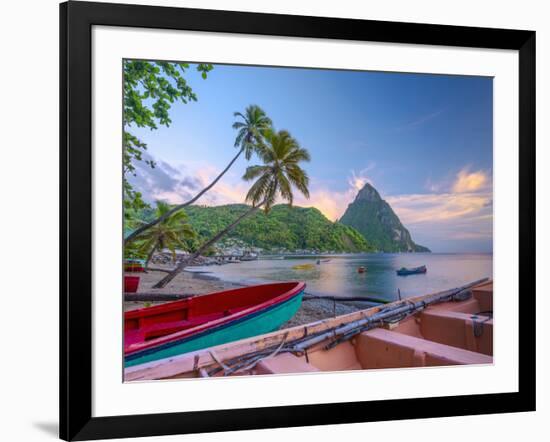 Caribbean, St Lucia, Soufriere Bay, Soufriere Beach and Petit Piton, Traditional Fishing Boats-Alan Copson-Framed Photographic Print