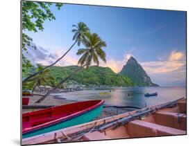 Caribbean, St Lucia, Soufriere Bay, Soufriere Beach and Petit Piton, Traditional Fishing Boats-Alan Copson-Mounted Photographic Print