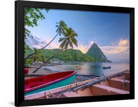 Caribbean, St Lucia, Soufriere Bay, Soufriere Beach and Petit Piton, Traditional Fishing Boats-Alan Copson-Framed Photographic Print