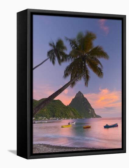 Caribbean, St Lucia, Soufriere Bay, Soufriere Beach and Petit Piton, Traditional Fishing Boats-Alan Copson-Framed Stretched Canvas