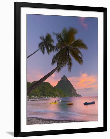 Caribbean, St Lucia, Soufriere Bay, Soufriere Beach and Petit Piton, Traditional Fishing Boats-Alan Copson-Framed Photographic Print