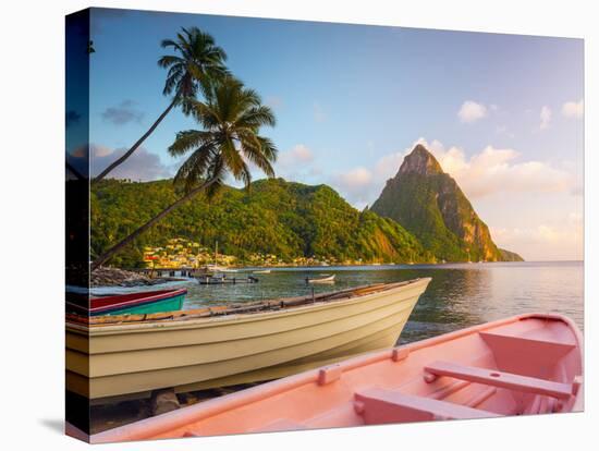 Caribbean, St Lucia, Soufriere Bay, Soufriere Beach and Petit Piton, Traditional Fishing Boats-Alan Copson-Stretched Canvas