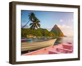 Caribbean, St Lucia, Soufriere Bay, Soufriere Beach and Petit Piton, Traditional Fishing Boats-Alan Copson-Framed Photographic Print