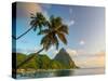 Caribbean, St Lucia, Soufriere Bay, Soufriere Beach and Petit Piton, Traditional Fishing Boats-Alan Copson-Stretched Canvas