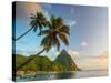 Caribbean, St Lucia, Soufriere Bay, Soufriere Beach and Petit Piton, Traditional Fishing Boats-Alan Copson-Stretched Canvas