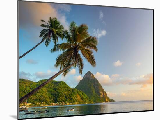 Caribbean, St Lucia, Soufriere Bay, Soufriere Beach and Petit Piton, Traditional Fishing Boats-Alan Copson-Mounted Photographic Print