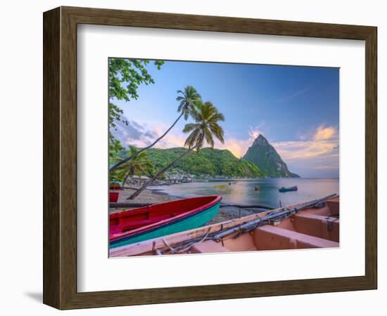 Caribbean, St Lucia, Soufriere Bay, Soufriere Beach and Petit Piton, Traditional Fishing Boats-Alan Copson-Framed Photographic Print