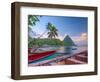 Caribbean, St Lucia, Soufriere Bay, Soufriere Beach and Petit Piton, Traditional Fishing Boats-Alan Copson-Framed Photographic Print