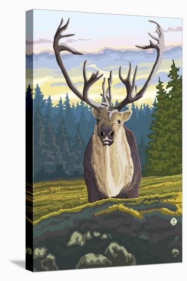 Caribou and Forest-Lantern Press-Stretched Canvas