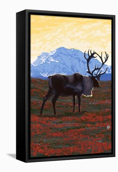 Caribou and Mountain-Lantern Press-Framed Stretched Canvas