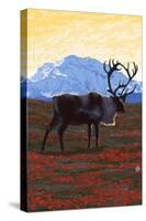 Caribou and Mountain-Lantern Press-Stretched Canvas