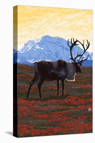Caribou and Mountain-Lantern Press-Stretched Canvas