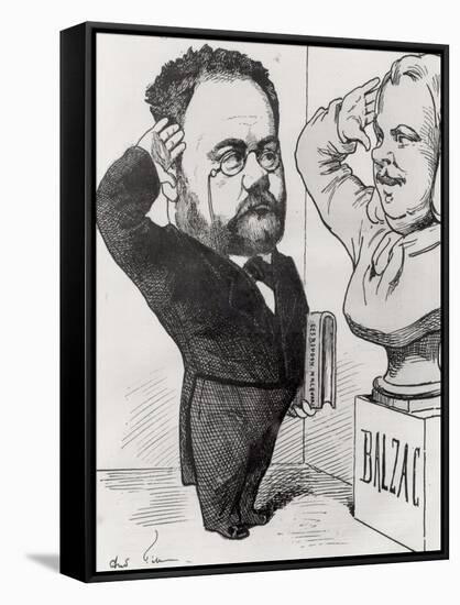 Caricature of Emile Zola Saluting a Bust of Honore de Balzac 1878-André Gill-Framed Stretched Canvas