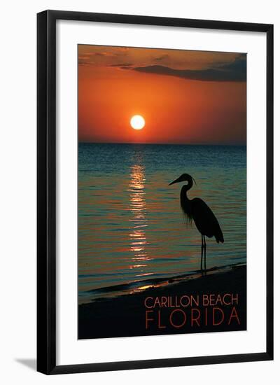 Carillon Beach, Florida - Heron and Sunset-Lantern Press-Framed Art Print