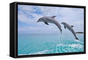 Carillon Beach, Florida - Jumping Dolphins-Lantern Press-Framed Stretched Canvas