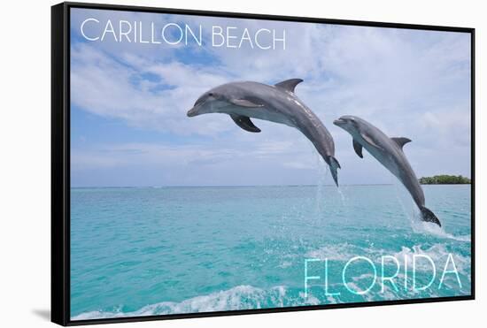 Carillon Beach, Florida - Jumping Dolphins-Lantern Press-Framed Stretched Canvas