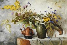 Cornflowers, Daisies and Other Flowers in a Vase by a Kettle on a Ledge-Carl H. Fischer-Stretched Canvas