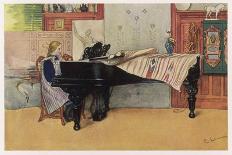 Young Member of the Larson Household Does Her Piano Practice While Papa Paints Her-Carl Larsson:-Stretched Canvas