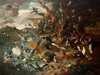 A Moorhen, Swallow, Finches and other birds in a Wooded River Landscape-Carl Wilhelm de Hamilton-Giclee Print