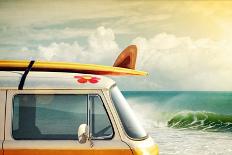 Idyllic Surfing Way of Life with a Van and Long Board near the Sea-Carlos Caetano-Framed Stretched Canvas